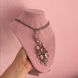 LONG Pink Crystal Peacock Drop Necklace - Women Jewelry